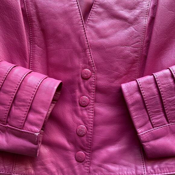 Vintage 80s Yucatan Bay Pink 2 Piece Leather Mini Skirt Jacket Matching Suit Set - Picture 12 of 14